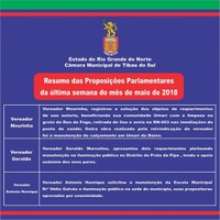 Resumo das Proposituras Parlamentares da última semana do mês de maio de 2018