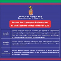 Resumo das Proposituras Parlamentares da última semana do mês de maio de 2018